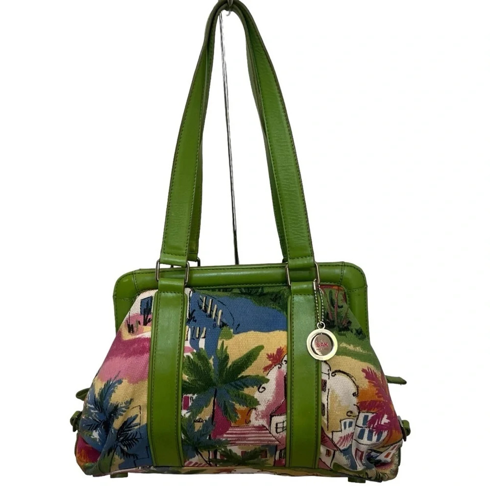 The Sak Green Leather-Trim Tropical Tapestry Shoulder Bag